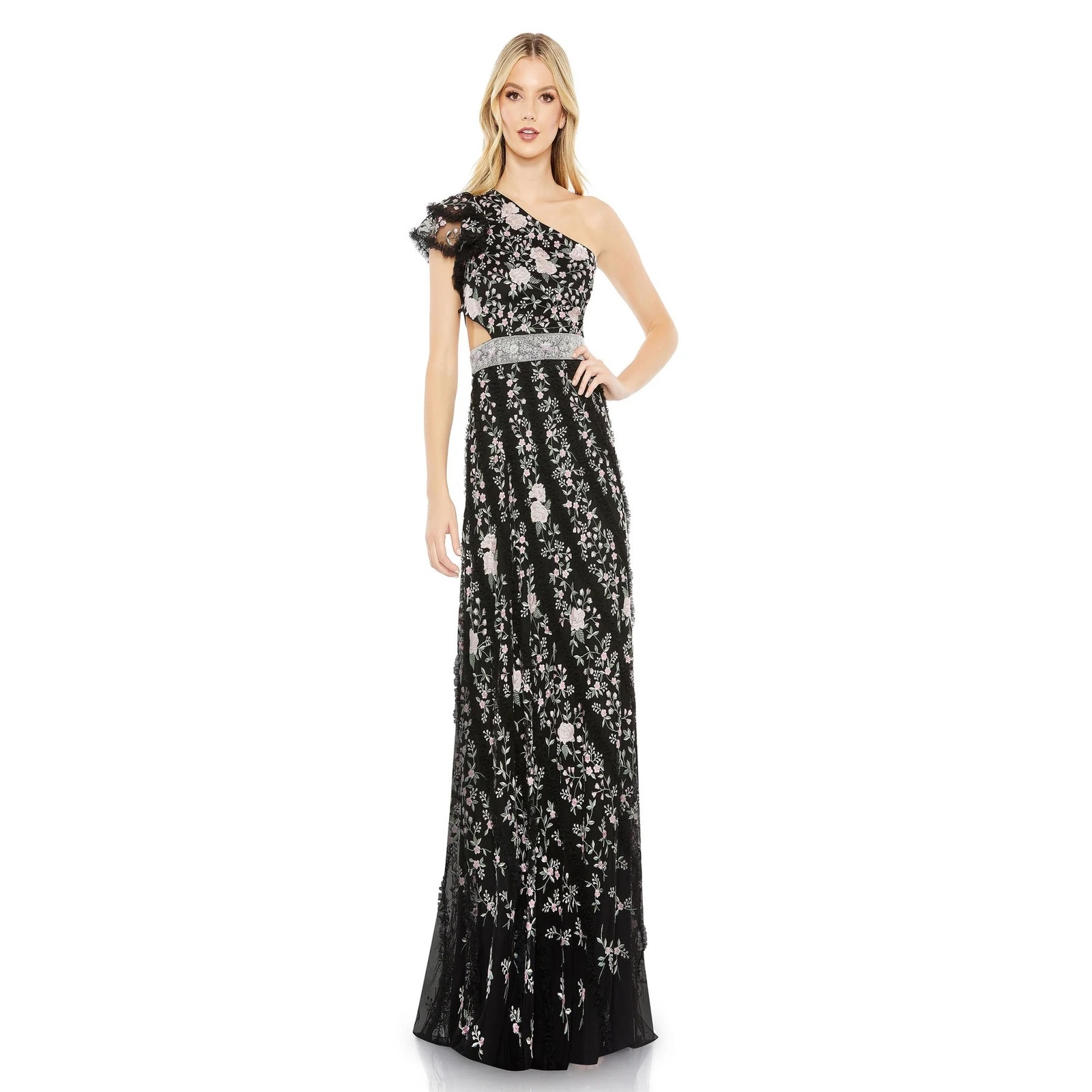 New Nwt Mac Duggal 70160 One-Shoulder Lace-Up Dress Beaded Black Multi Size 8